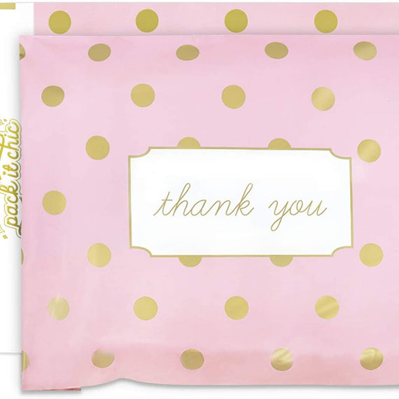 Pack It Chic - 10X13 (100 Pack) Pink Polka Dot - Thank You Poly Mailer Envelope Plastic Custom Mailing & Shipping Bags - Self Seal