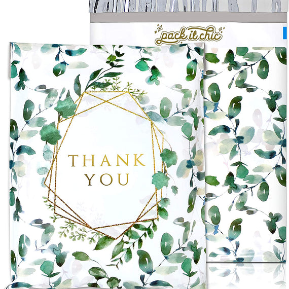 Pack It Chic - 10X13 (100 Pack) Geometric Leaves Pattern - Thank You Poly Mailer Envelope Plastic Custom Mailing & Shipping Bags - Self Seal