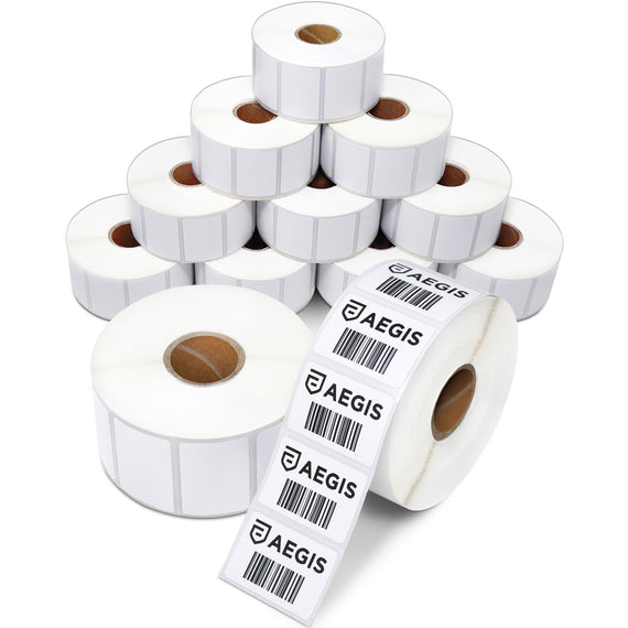Aegis Adhesives - 1 ½” X 1” Direct Thermal Labels for UPC Barcodes, Address, Perforated & Compatible with Rollo Label Printer & Zebra Desktop Printers (12 Rolls, 1300/Roll)
